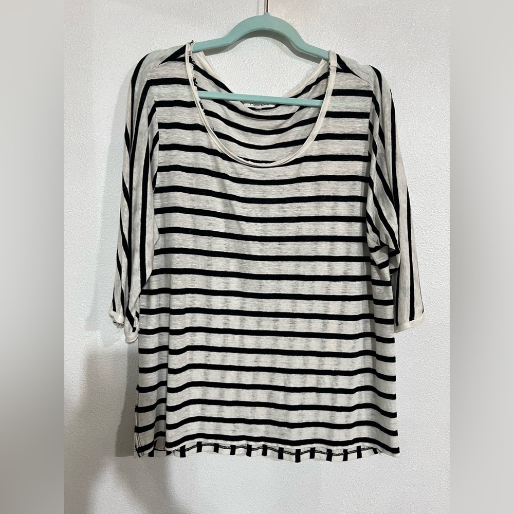 Calvin Klein, white black stripe 100% linen T-shirt L NWOT